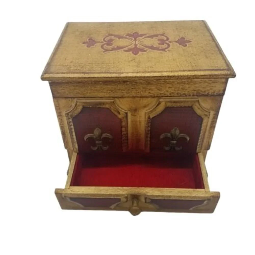 VTG Toyo Japan Wooden Jewelry Music Box Fleur de Lis 3 Drawer areas 7 X 7.5
